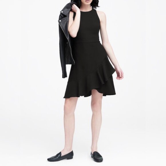 Banana Republic Black Fit Flare RacerBack Faux Wrap Ruffle Sleeveless Dress 0 - Picture 8 of 10